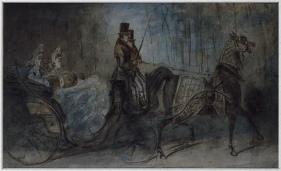 Femmes élégantes dans une calèche tirée par des chevaux